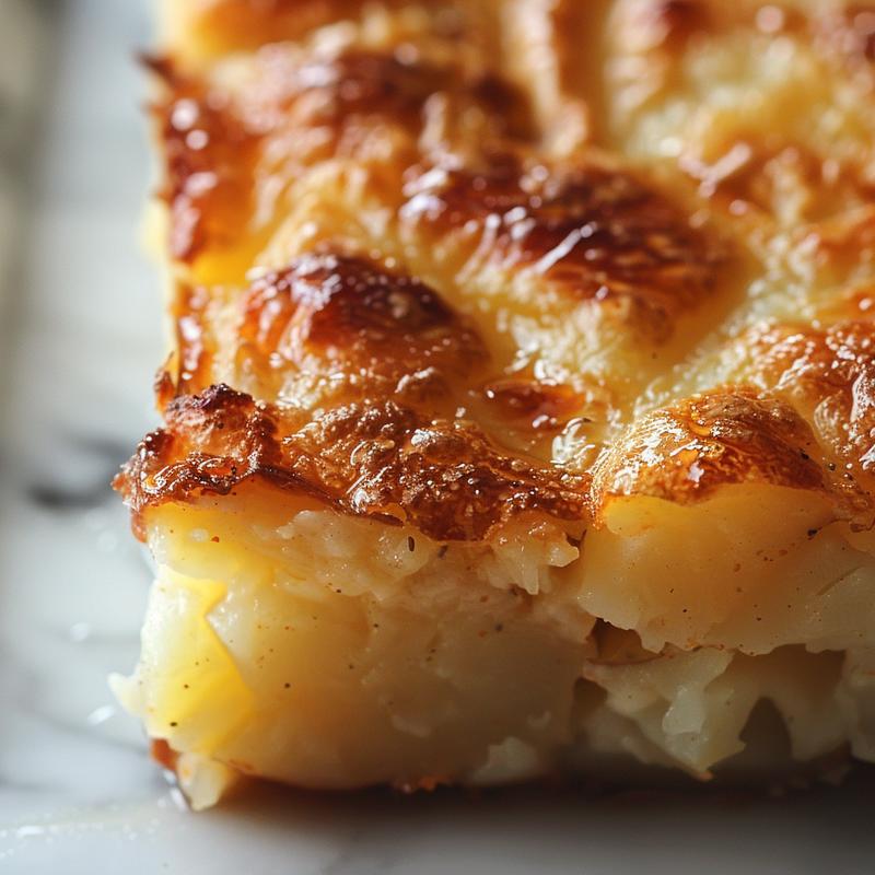 Close-up of creamy potato casserole with a golden crust on a white marble surface.