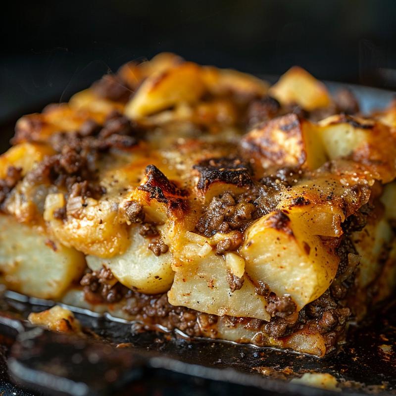 Close-up of a baked ground beef and potatoes casserole, highlighting the golden crust and rich textures.