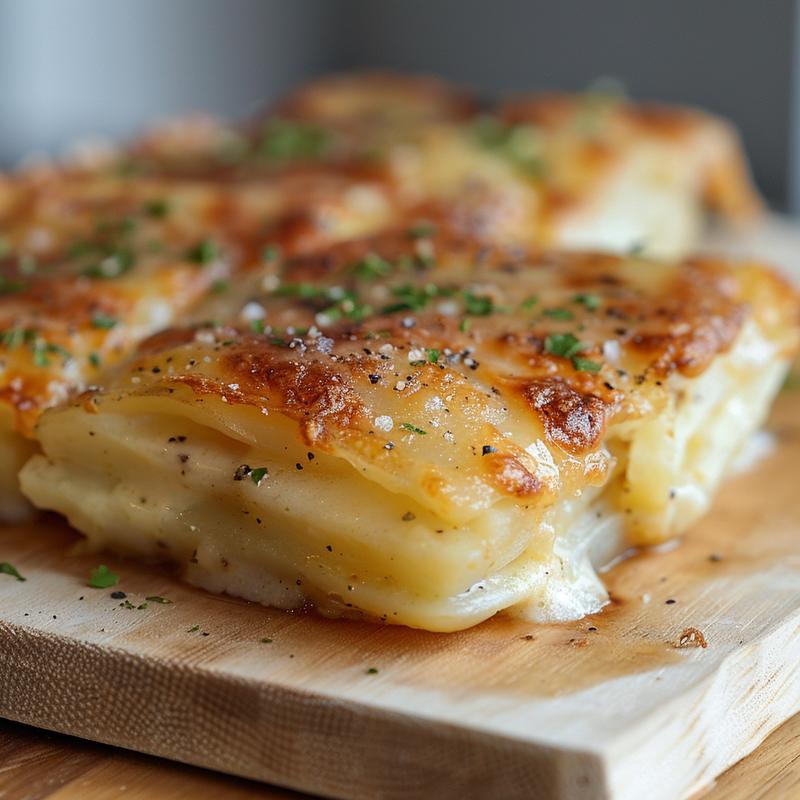 A close-up of creamy French potato casserole with a golden top, resting on a light wood board.