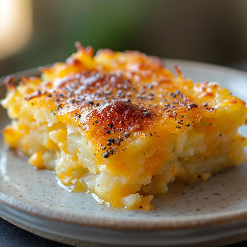 Close-up of a cheesy cheddar hash brown potato casserole on a wooden board.