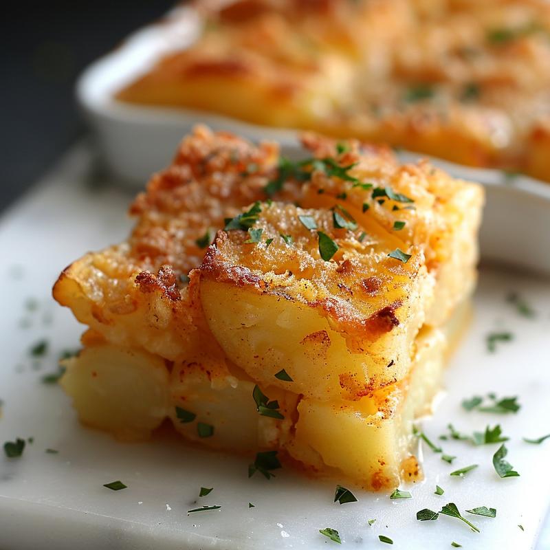 Close-up of creamy potato casserole with a golden crust on a white marble surface.