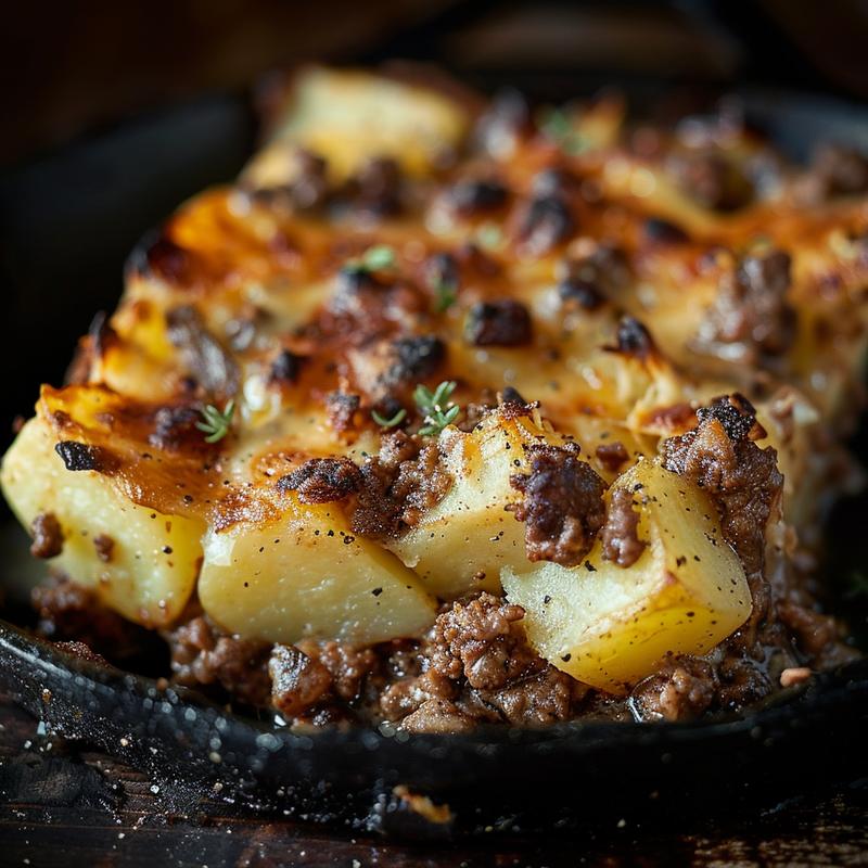 A close-up view of a serving of ground beef and potatoes casserole on a rustic cast iron surface.