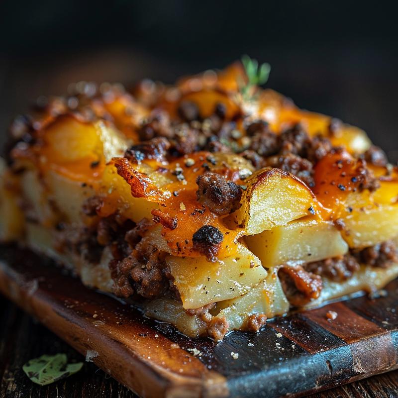 Close-up image of a portion of hamburger potato casserole highlighting its layers and textures on a dark wooden table.