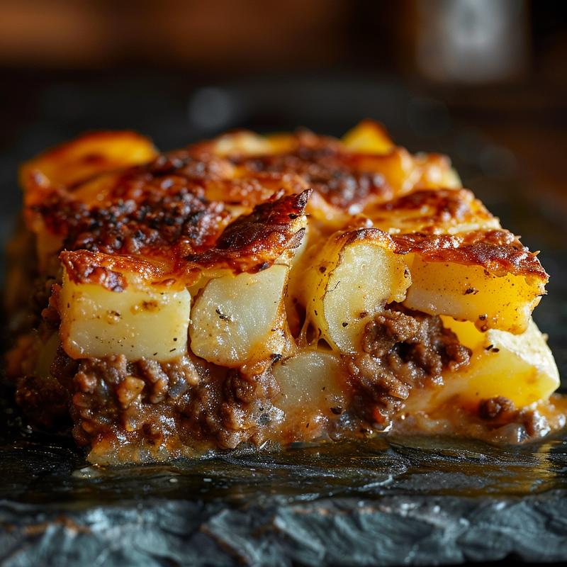 Close-up of a serving of hamburger potato casserole with a creamy texture, featuring ground meat and sliced potatoes.