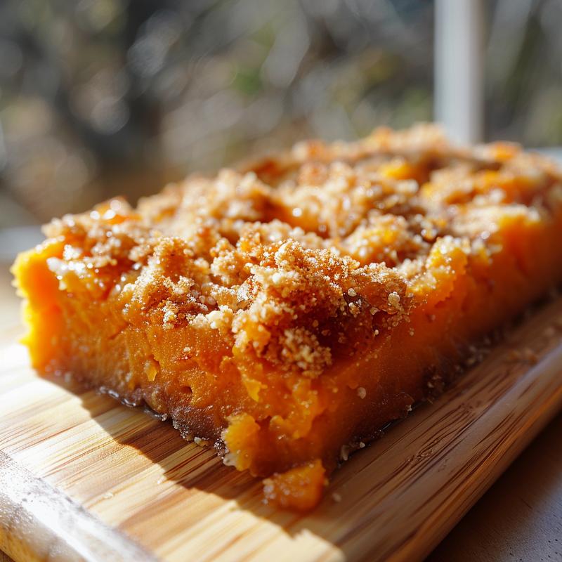 Close-up of a creamy sweet potato casserole made with canned yams, served on a light wood board.