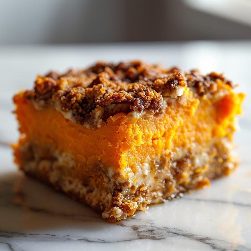 Close-up of a portion of sweet potato casserole with a golden-brown topping on a white marble surface.