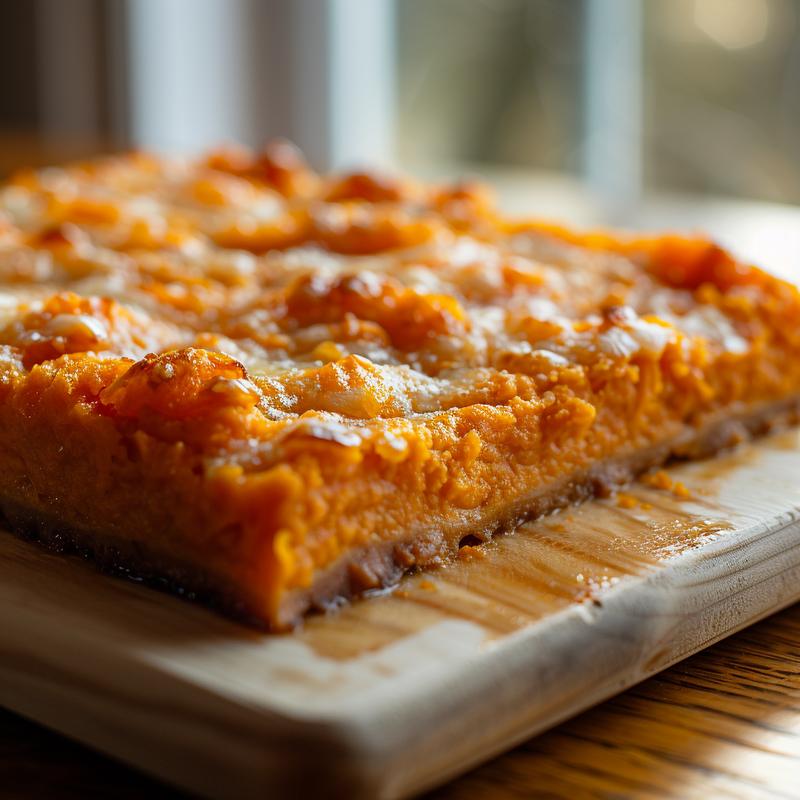 Close-up of a delicious portion of sweet potato casserole on a light wooden board.