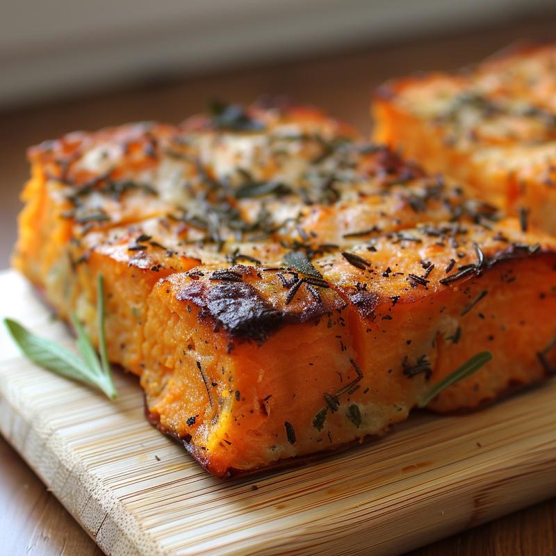 Close-up of a perfectly baked rosemary sage sweet potato casserole on a wooden board.