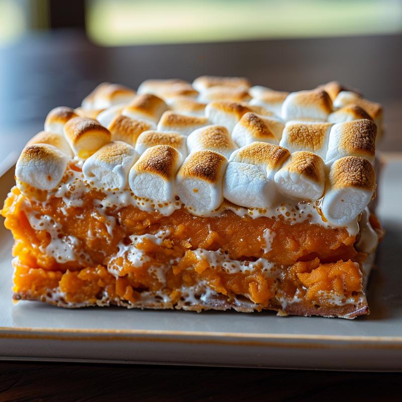 A close-up view of a portion of sweet potato casserole topped with golden marshmallows on a light grey ceramic plate.