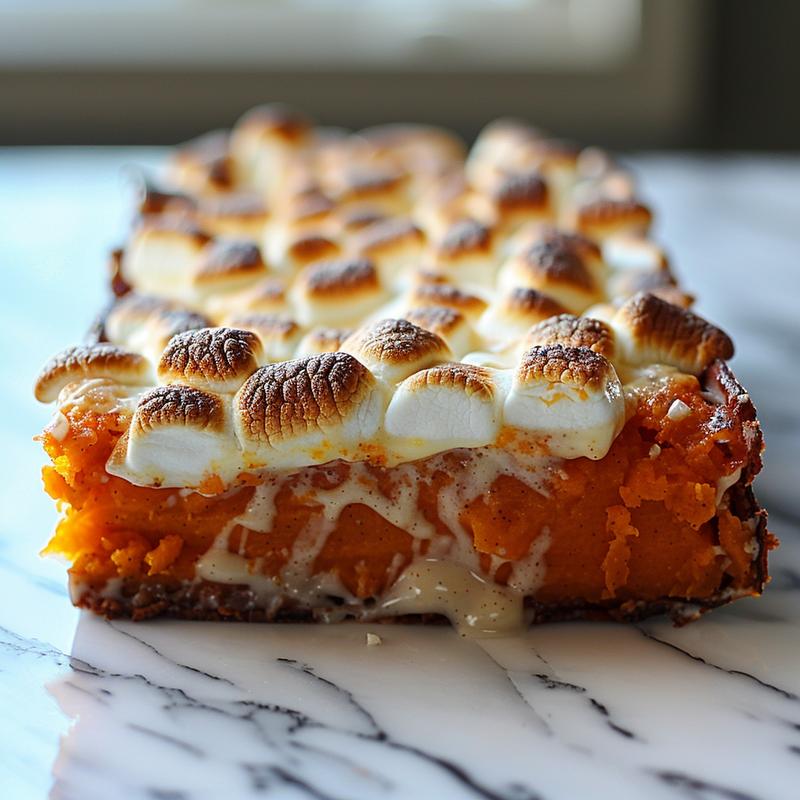 Close-up of a creamy sweet potato casserole topped with golden marshmallows, beautifully styled on a marble surface.