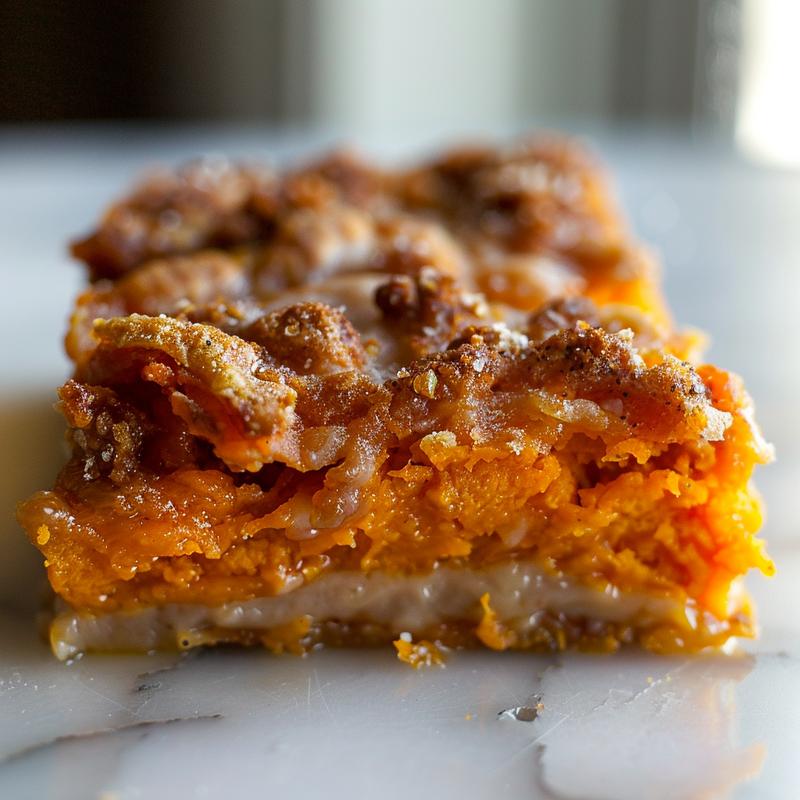 Close-up view of a served portion of healthier sweet potato casserole on a marble surface.