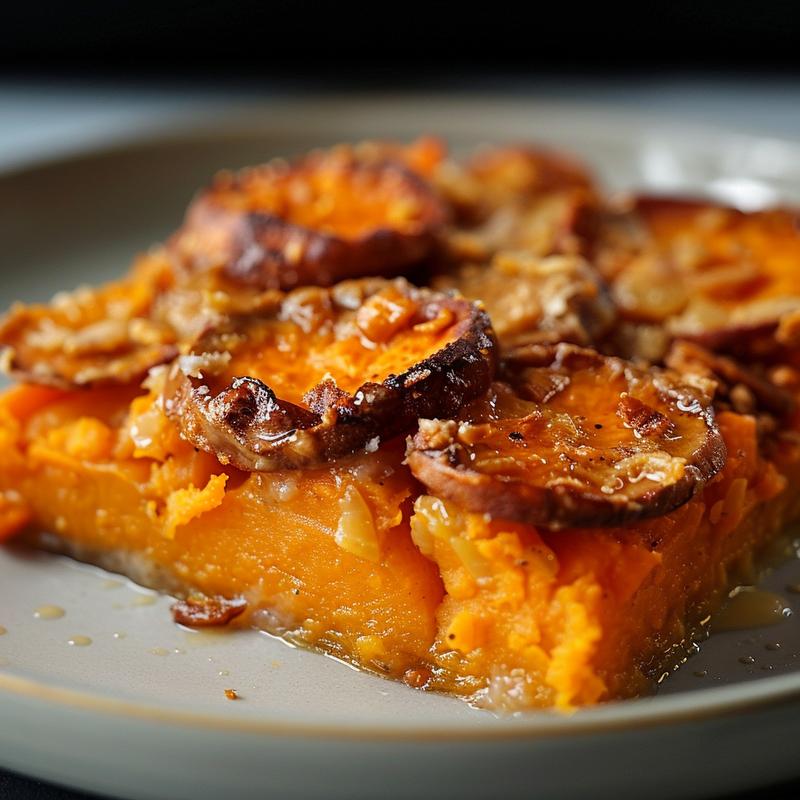 Close-up of a portion of healthier sweet potato casserole on a light grey plate.