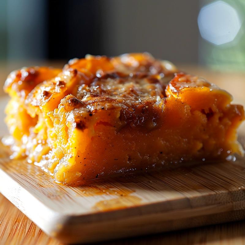 Close-up of a savory sweet potato casserole with a golden-brown topping on a wooden board.