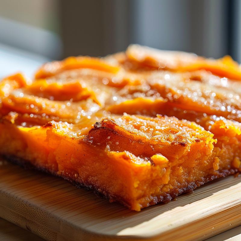Close-up of a creamy sweet potato casserole with a golden-brown topping on a wooden board.