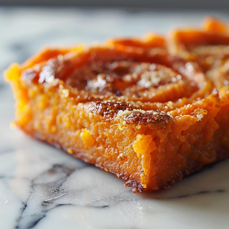 Close-up of a portion of sweet potato casserole with a creamy texture and golden-brown topping.