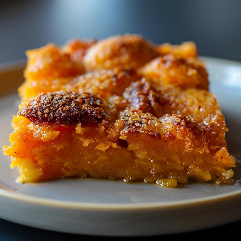 Close-up of a creamy, golden-brown southern sweet potato casserole on a light grey plate.