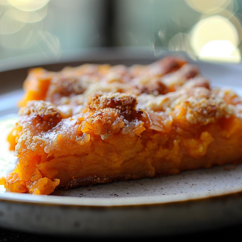 A close-up of a creamy sweet potato casserole on a light grey ceramic plate, showcasing its texture.