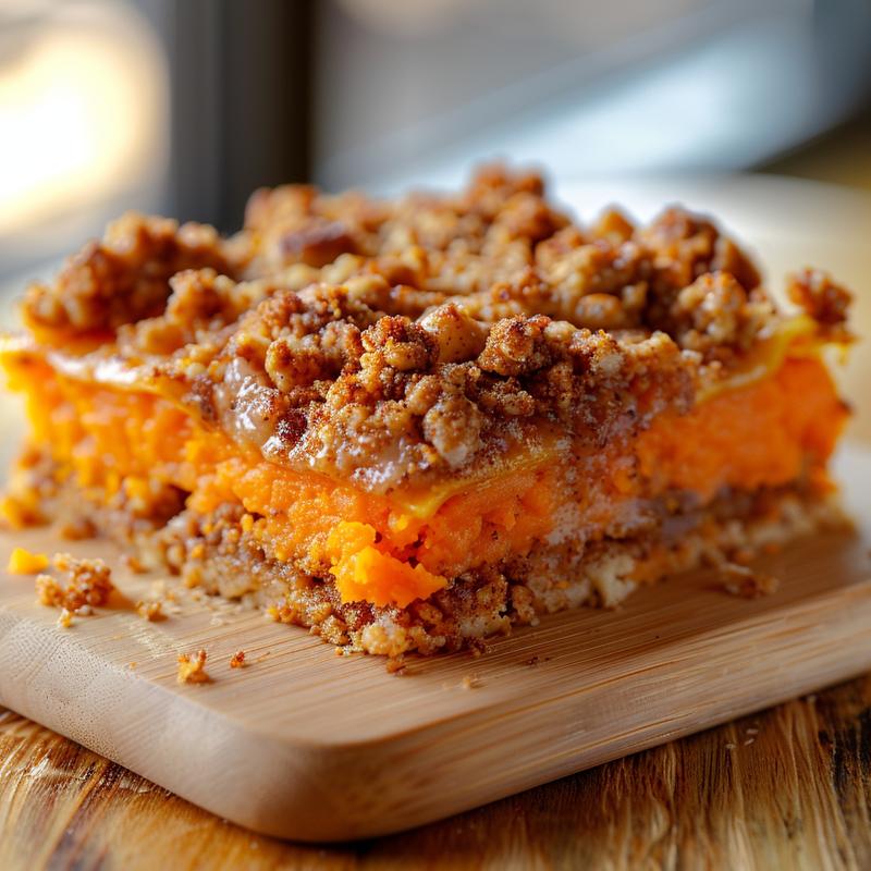 Close-up of a portion of sweet potato streusel casserole on a wooden board.
