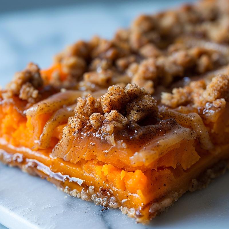 Close-up of a portion of cinnamon streusel swirled maple sweet potato casserole on a white marble surface.