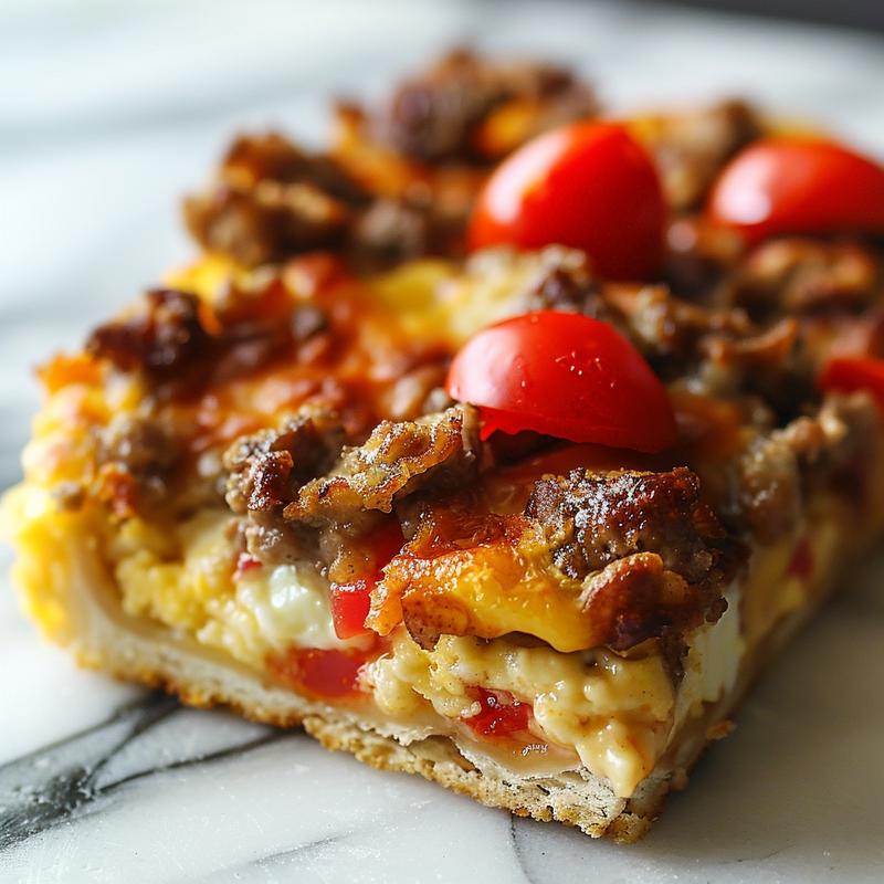 Close-up of a delicious portion of breakfast casserole on a white marble surface.