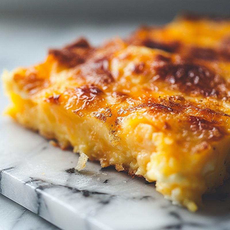 A close-up of a cheesy breakfast casserole with a golden top, showcasing its savory ingredients.