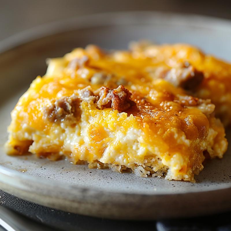 Close-up of a cheesy breakfast casserole on a light grey plate, showcasing texture and savory ingredients.