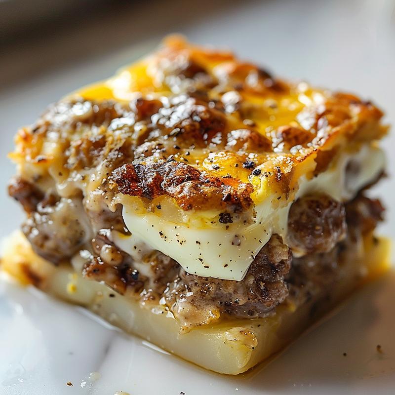 A close-up view of a creamy sausage and egg hashbrown casserole on a white marble surface.