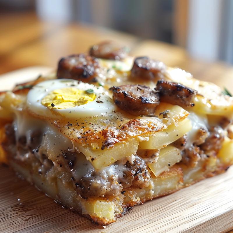A close-up of a creamy sausage egg and hashbrown casserole on a wood board.