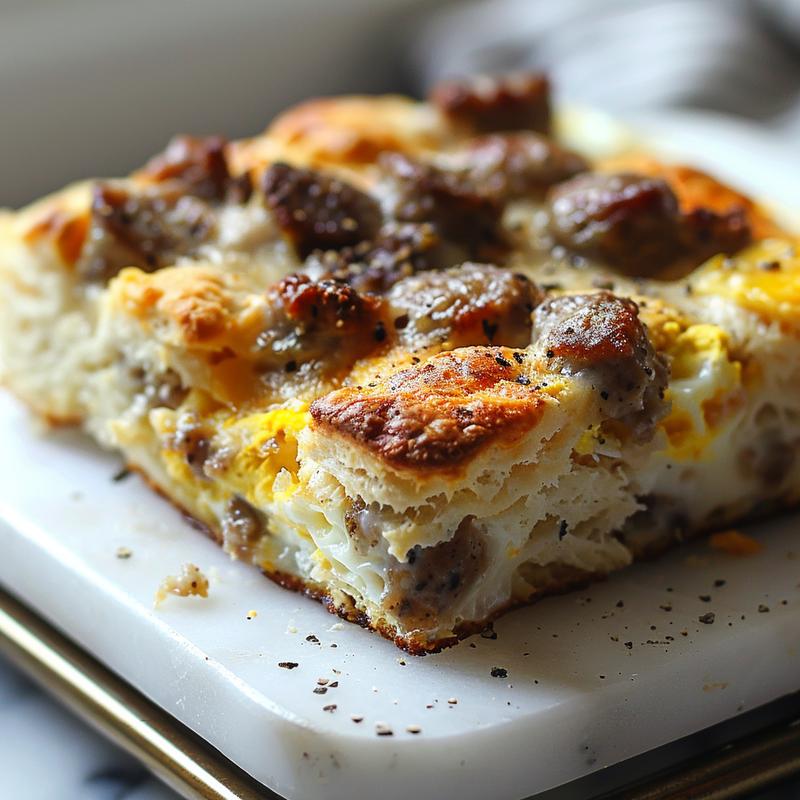 Close-up of a delectable sausage egg biscuit casserole on a marble surface, showcasing its textures.