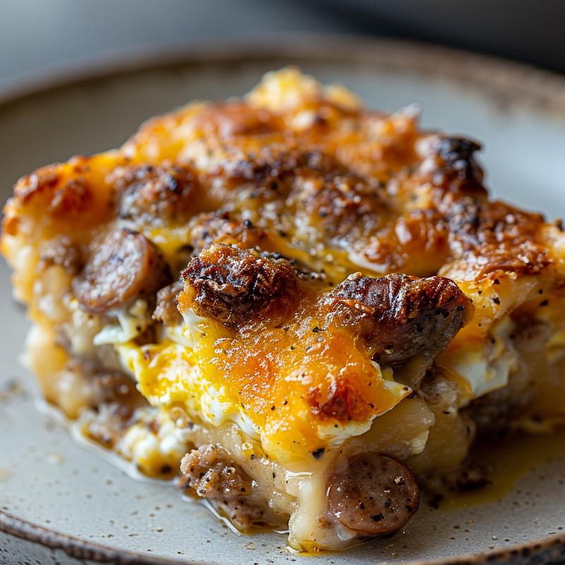 Close-up of a hearty sausage casserole with egg mix on a grey ceramic plate.