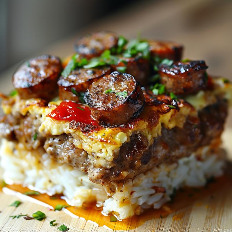 A close-up of a hearty sausage casserole featuring a flavorful egg mix on a wooden board.