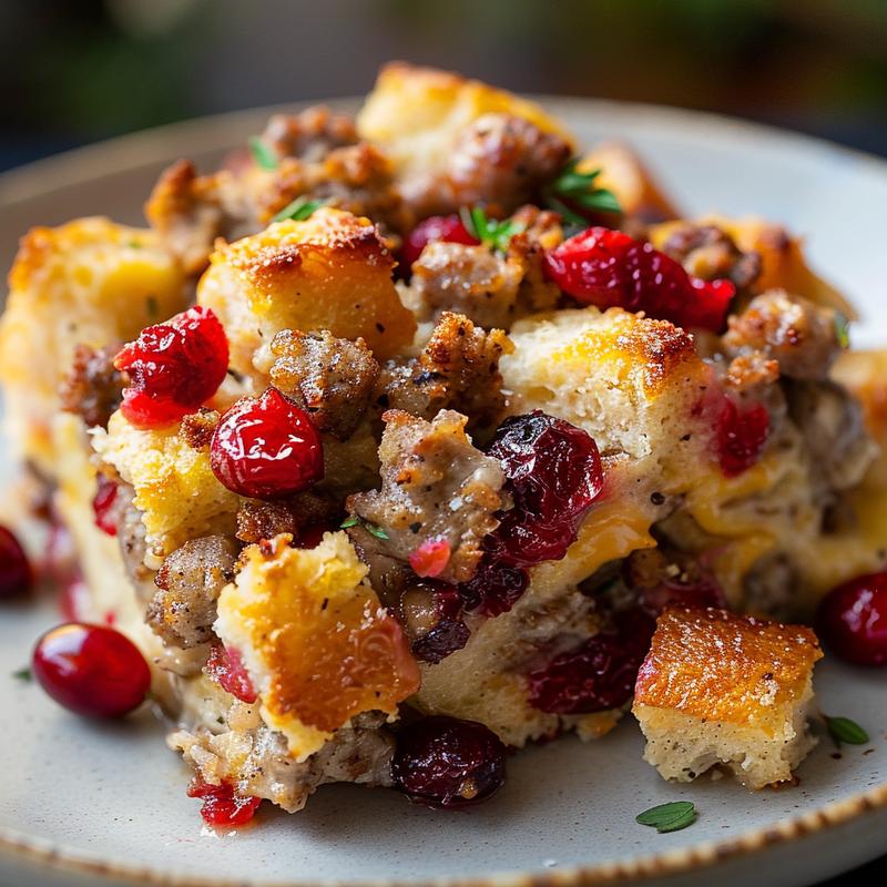 Close-up of a delicious portion of cranberry sausage stuffing breakfast casserole on a grey plate.