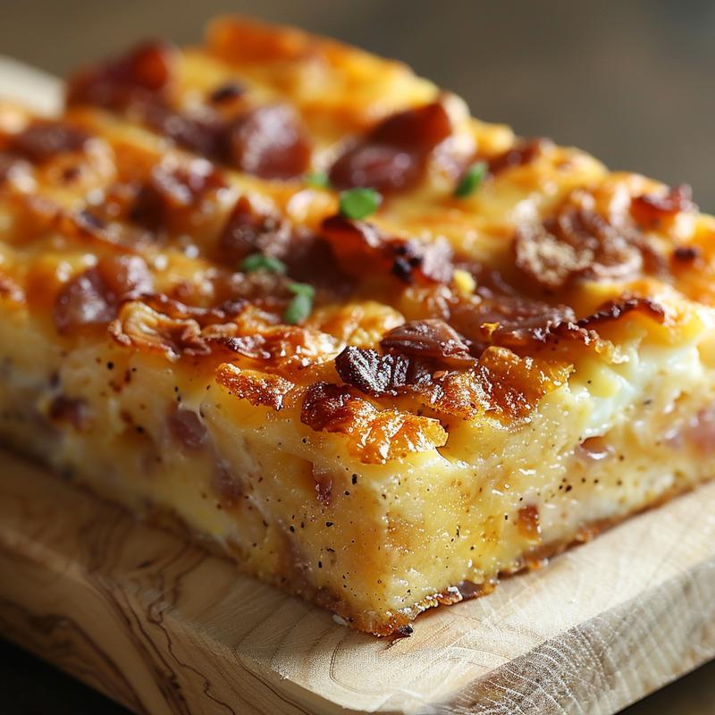 Close-up view of a slice of make-ahead crack breakfast casserole displayed on a light wood board.