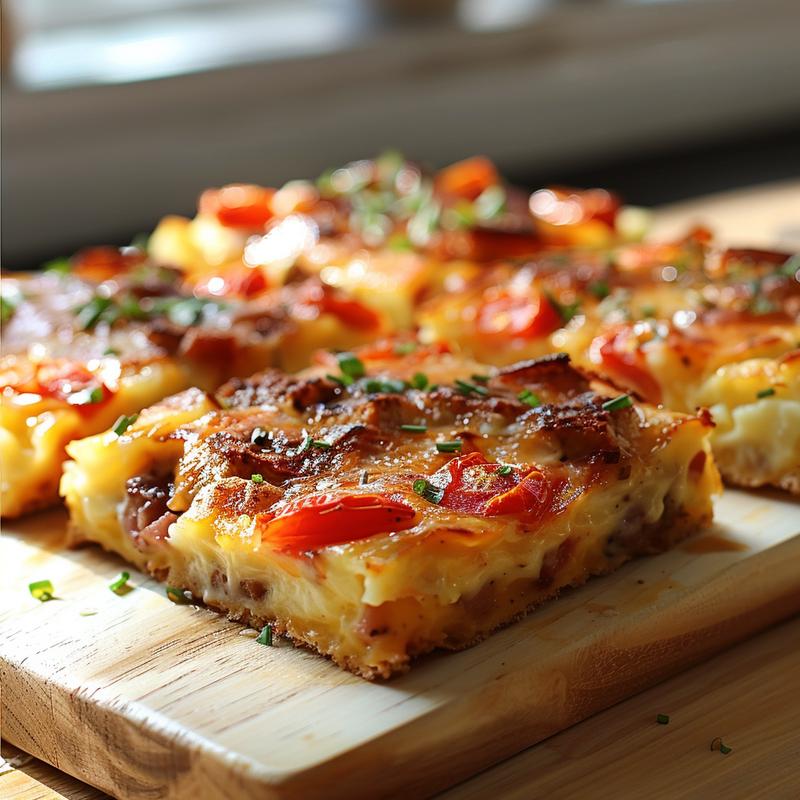 A close-up view of a golden-brown portion of breakfast casserole on a light wood board.