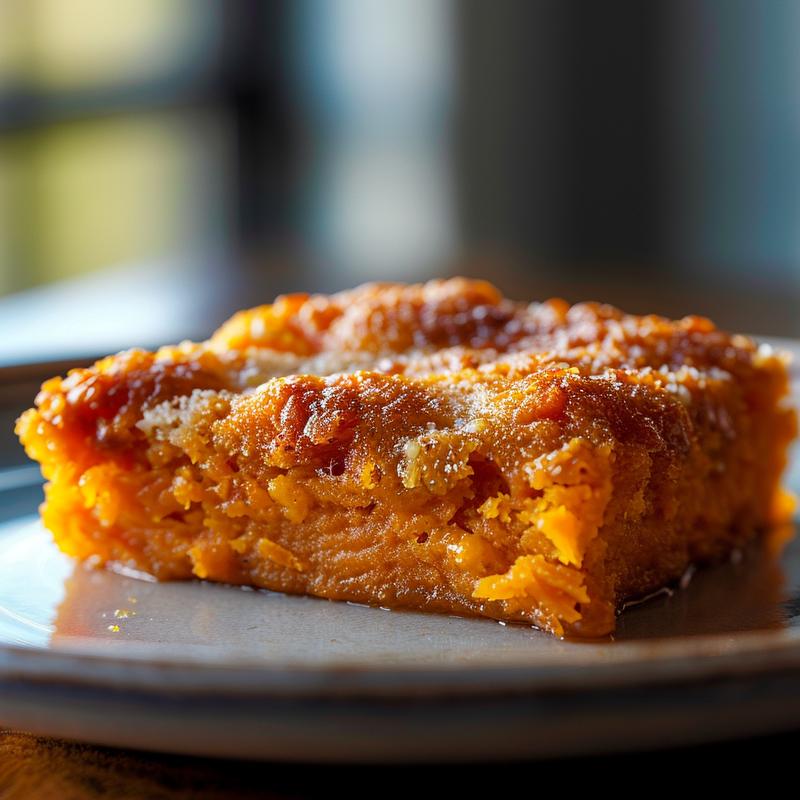 Close-up view of a portion of crack breakfast casserole on a light grey ceramic plate.