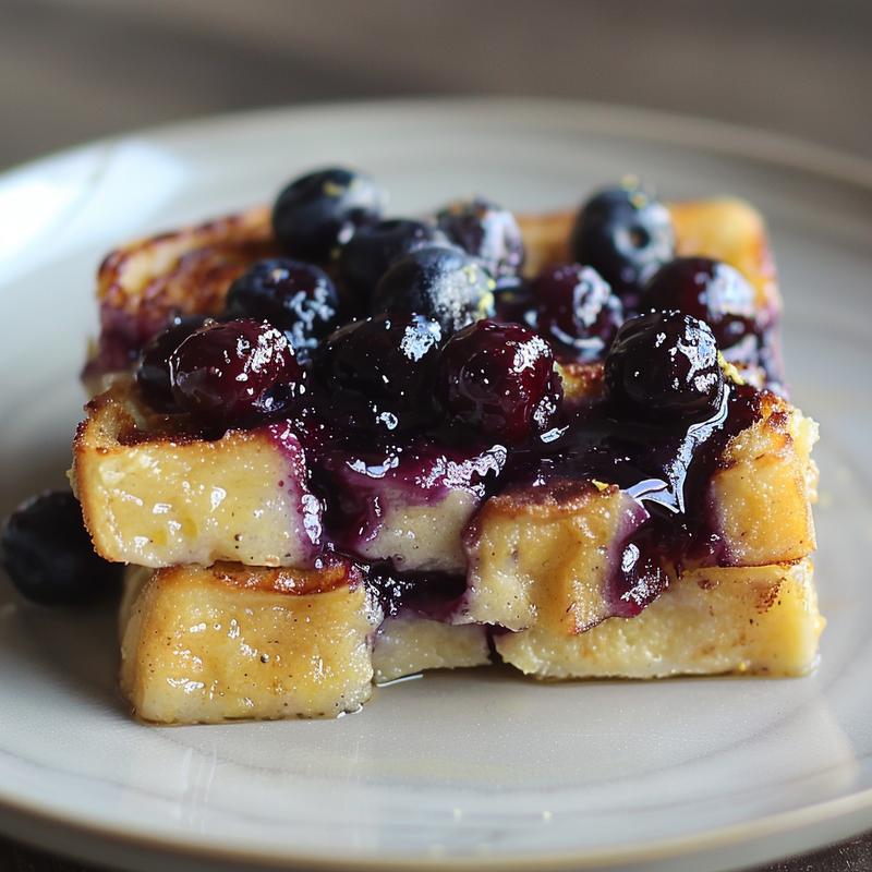Close-up of a slice of blueberry lemon French toast casserole on a light gray plate.