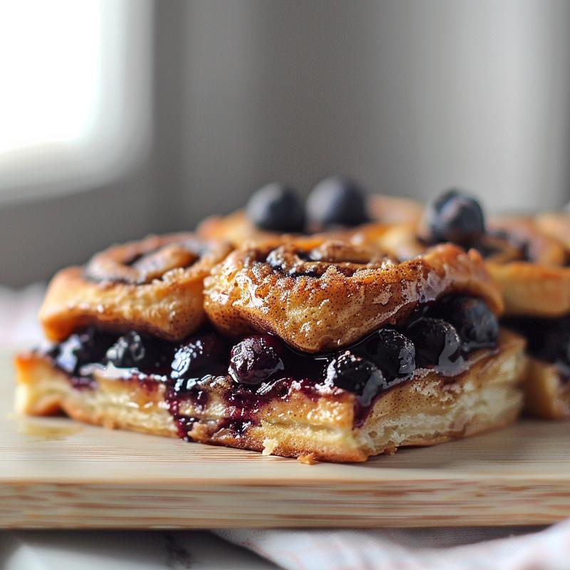 Close-up of a serving of blueberry cinnamon roll casserole on a wood board, showcasing its texture and color.