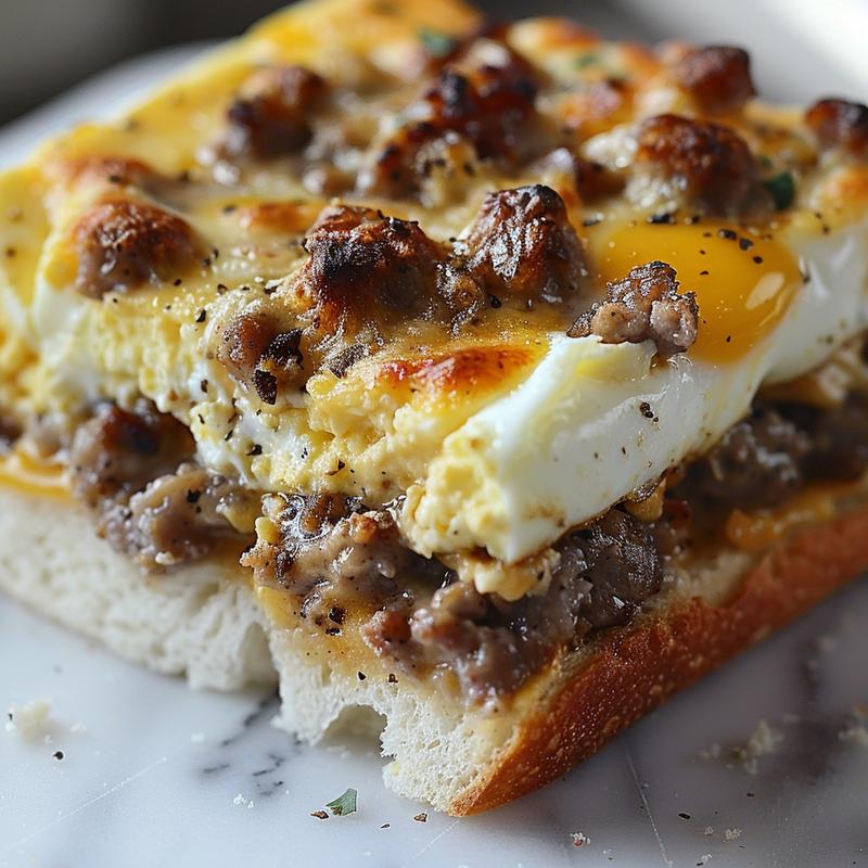 Close-up of a slice of cheesy sausage and egg breakfast casserole on a white marble surface.