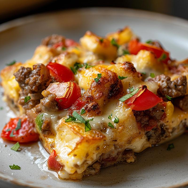 Close-up of a portion of Amish breakfast casserole on a light grey ceramic plate, showcasing its texture.