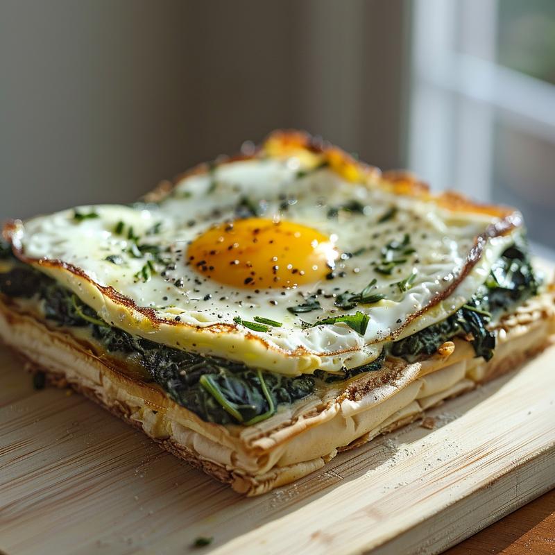 Close-up of a slice of spinach cottage cheese egg bake on a light wooden surface.