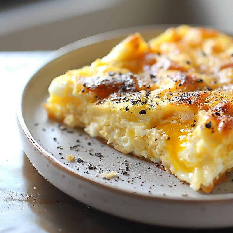 Close-up of creamy cottage cheese egg bake casserole on a light grey plate.