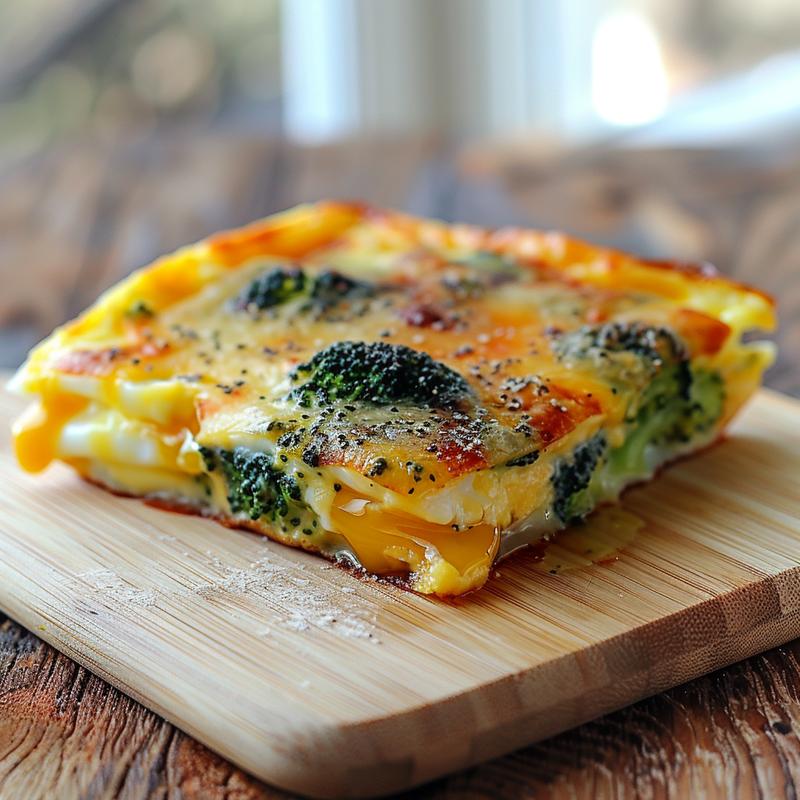 Close-up of a cheesy broccoli egg bake, showcasing its texture on a wooden board.