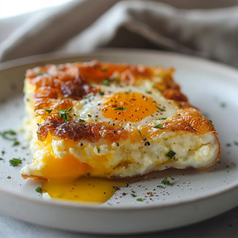 Close-up of a single serve cottage cheese egg bake on a light grey ceramic plate.