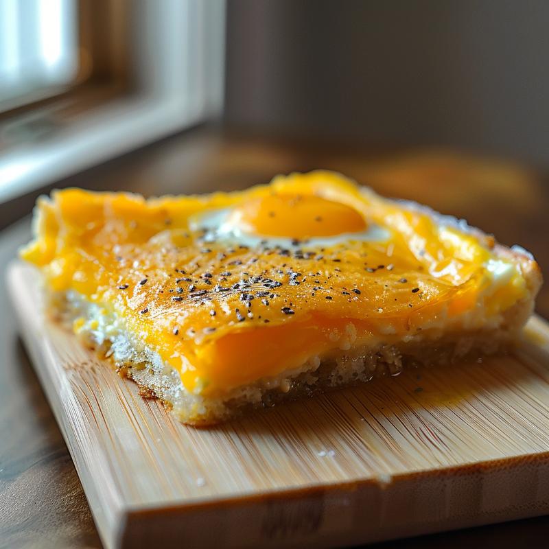 Close-up of a cheesy egg bake portion on a minimalist wood board.
