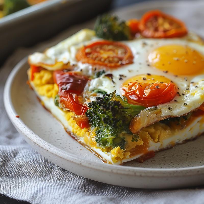 Close-up of a slice of high-protein veggie egg bake on a light grey ceramic plate.
