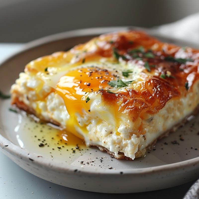 Close-up of a portion of cottage cheese egg bake on a light grey plate.