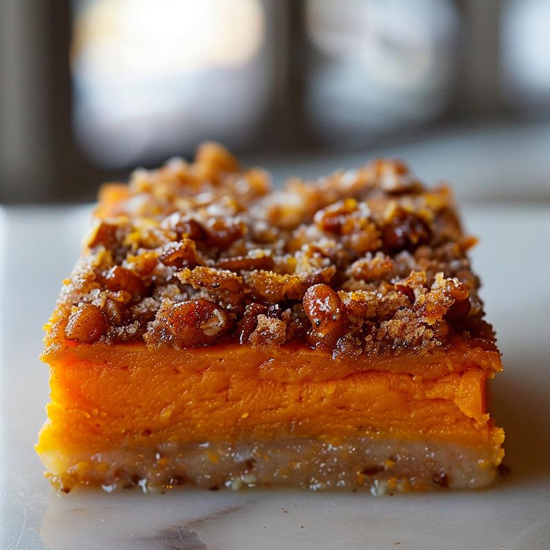 Close-up of a creamy sweet potato casserole with a crispy topping on a white marble surface.
