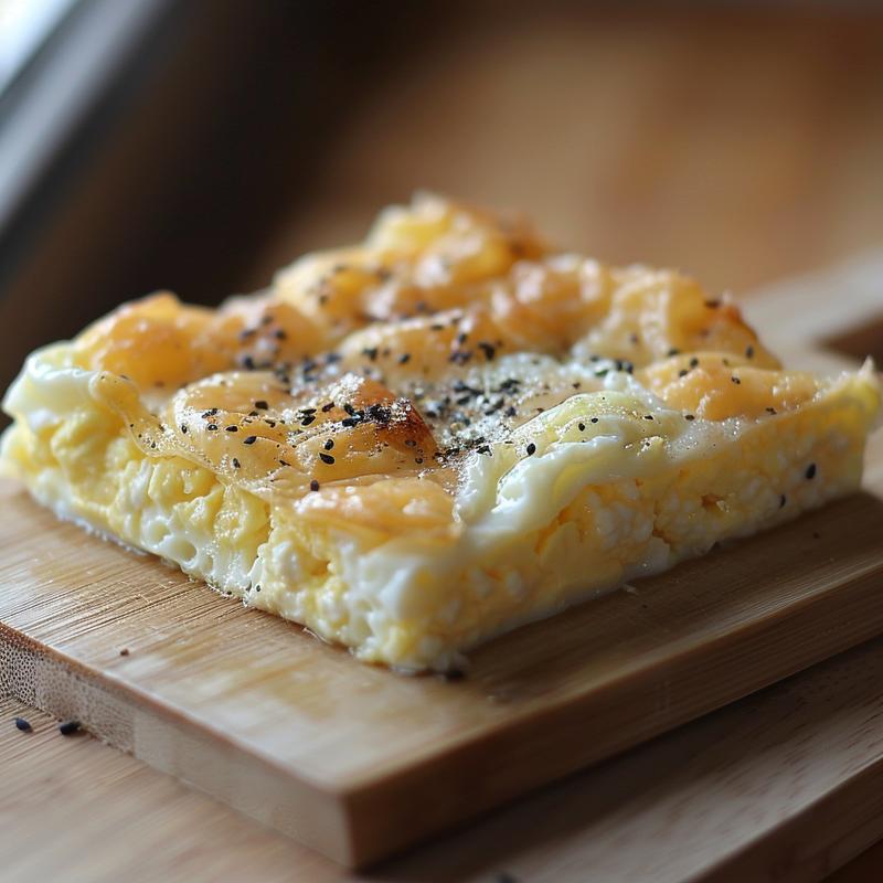 A close-up of a portion of cottage cheese egg bake on a wooden board, highlighting its creamy texture.