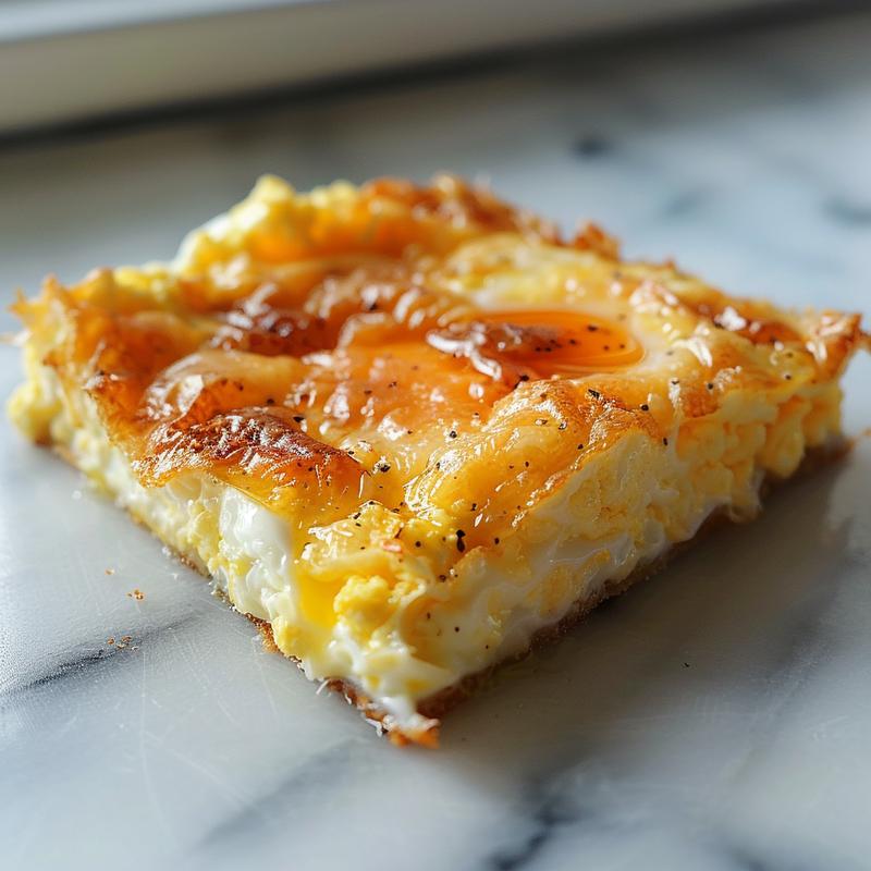 Close-up view of a creamy high protein cottage cheese egg bake on a marble surface.