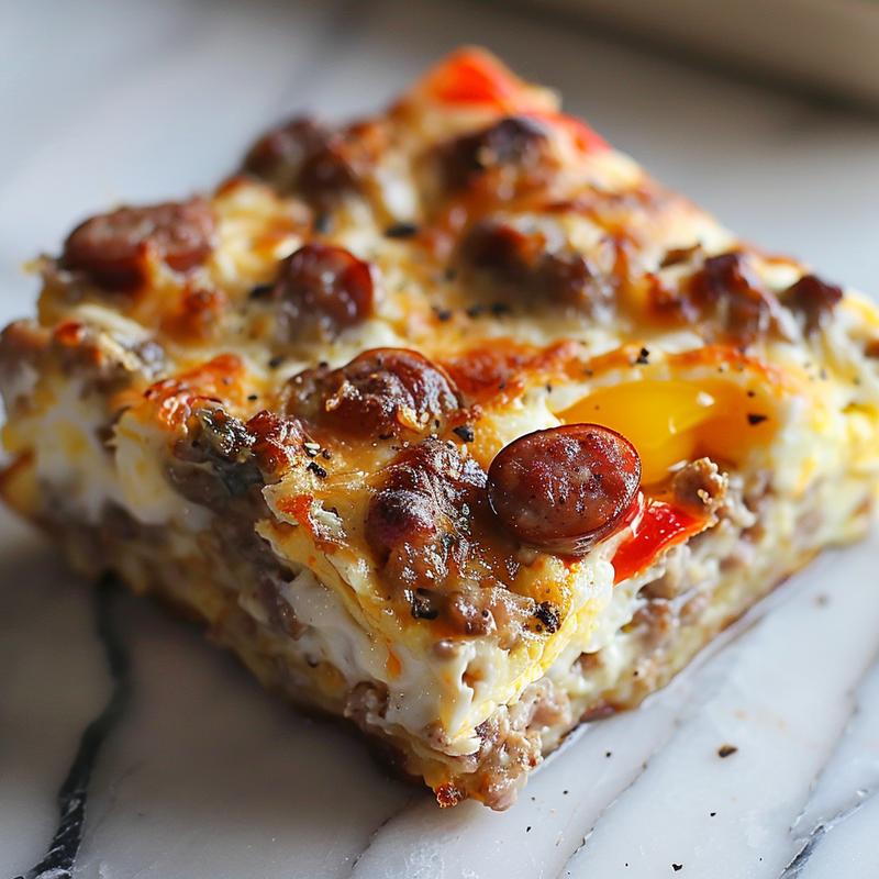 A close-up view of a perfectly baked sausage and egg casserole on a marble surface.